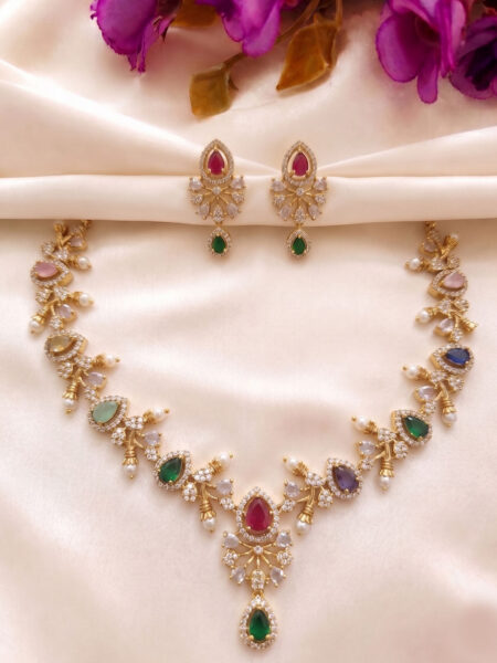 Multi color AD stone necklace & earing set