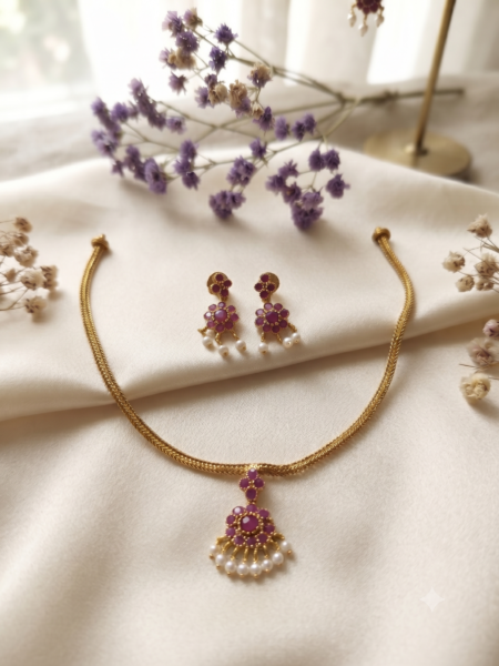 Ruby pink choker necklace -with pearl drop pendant and matching earrings - Purple Heart by Ayra
