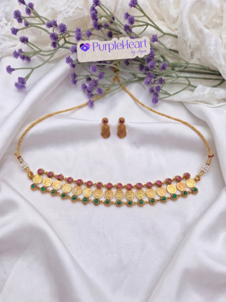 Lakshmi coin necklace with pink and green stones and matching earrings - Purple Heart by Ayra