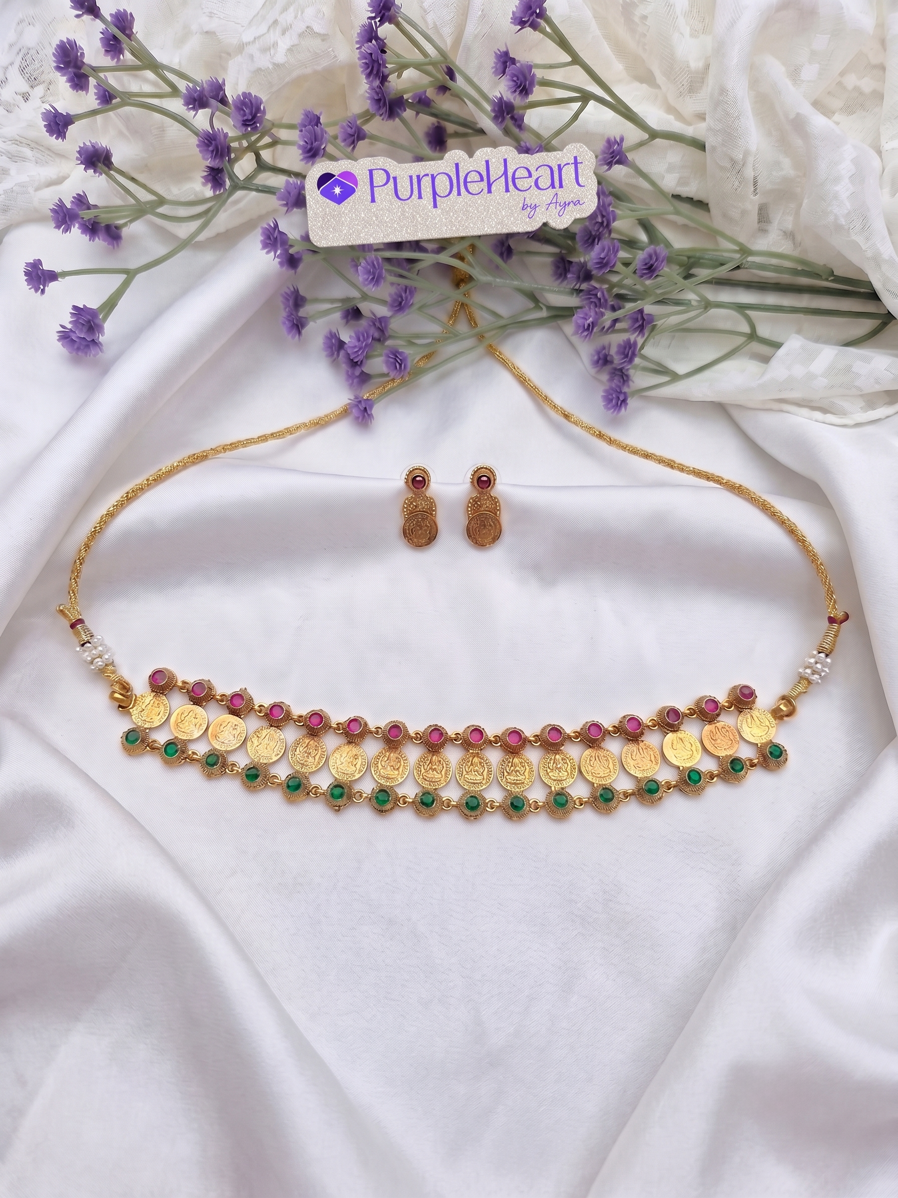 Lakshmi coin necklace with pink and green stones and matching earrings - Purple Heart by Ayra