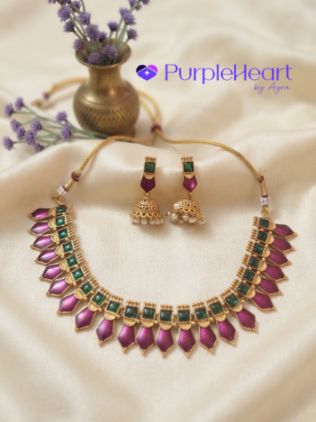 Purple palakka necklace set with green stones and pearl jhumka earrings - Purple Heart by Ayra
