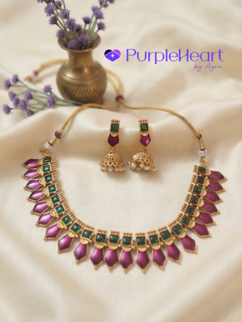 Purple palakka necklace set with green stones and pearl jhumka earrings - Purple Heart by Ayra