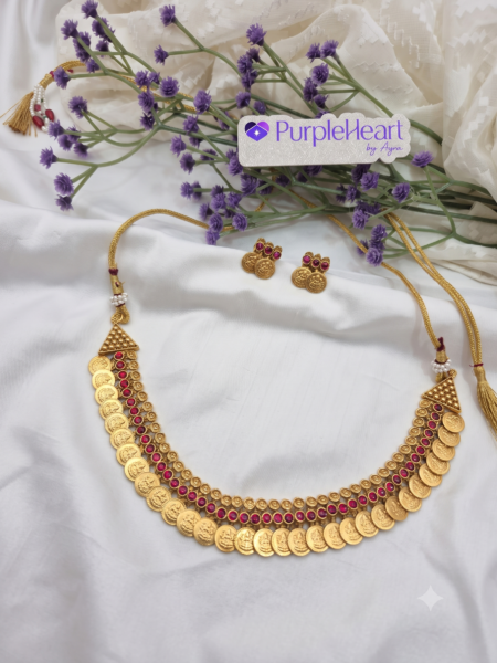 Lakshmi Coin Necklace with Red Color Stone & Earring