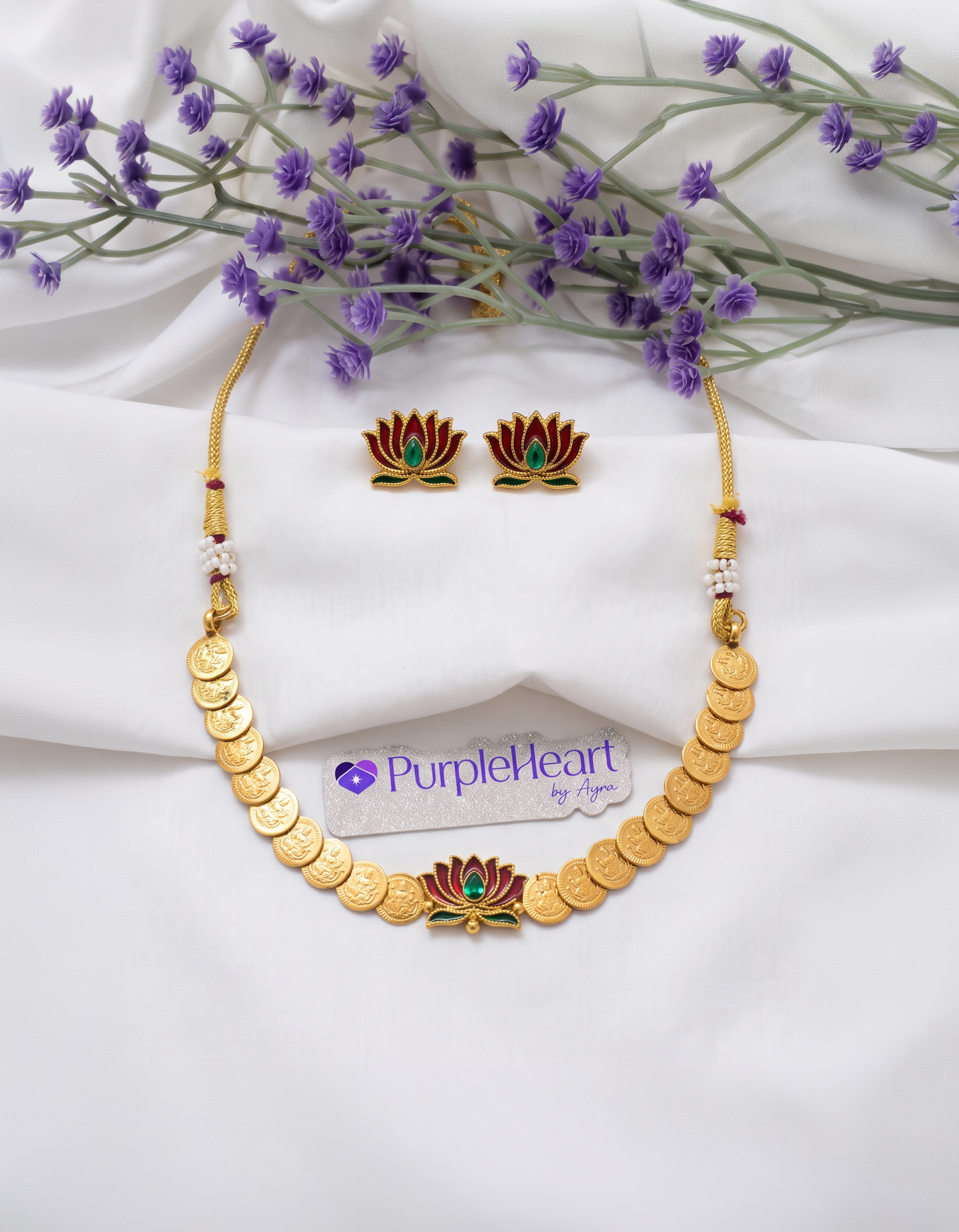 Lakshmi coin necklace with lotus pendant and matching lotus stud earrings, temple jewelry by Purple Heart by Ayra