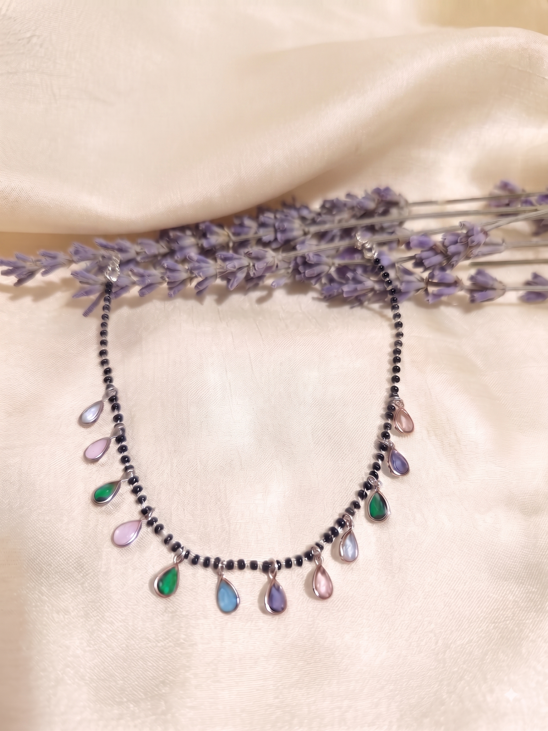 Multi Colour Karimani Mala | Black Bead Mangalsutra Chain with Teardrop Charms