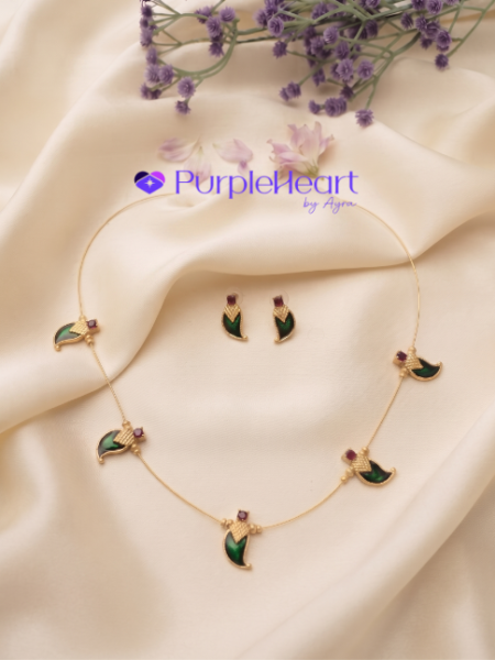 Antique Gold -toned mango pendant invisible necklace set with green enamel and stone accents, Onam collection by Purple Heart by Ayra